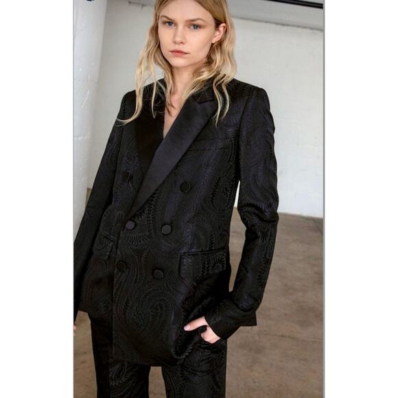 A.L.C. Women Declan Blazer Double Breasted Size 0 Black Brocade Jacquard - Picture 3 of 16